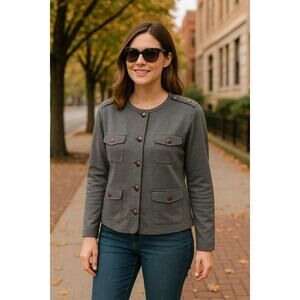 2/$30 Studio Works Gray Button Pocket Blazer L Women Office Layering Jacket